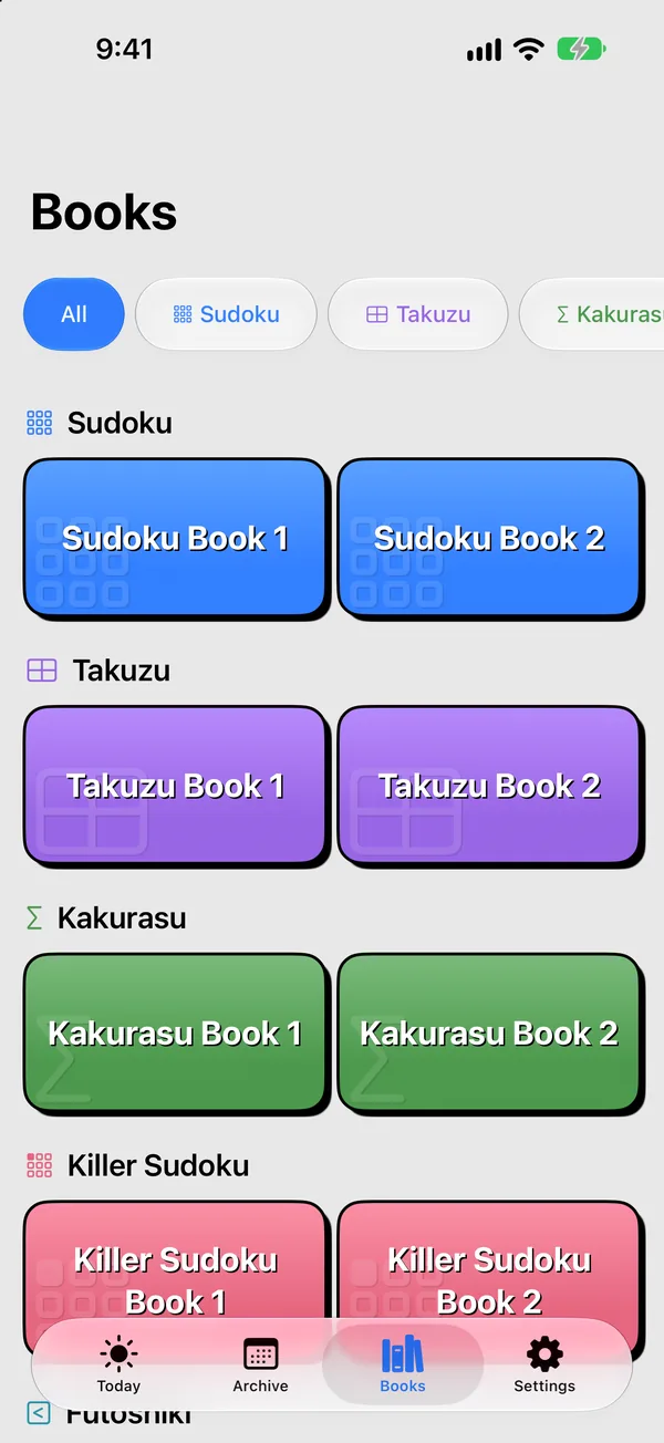 The Books screen listing puzzle books by type