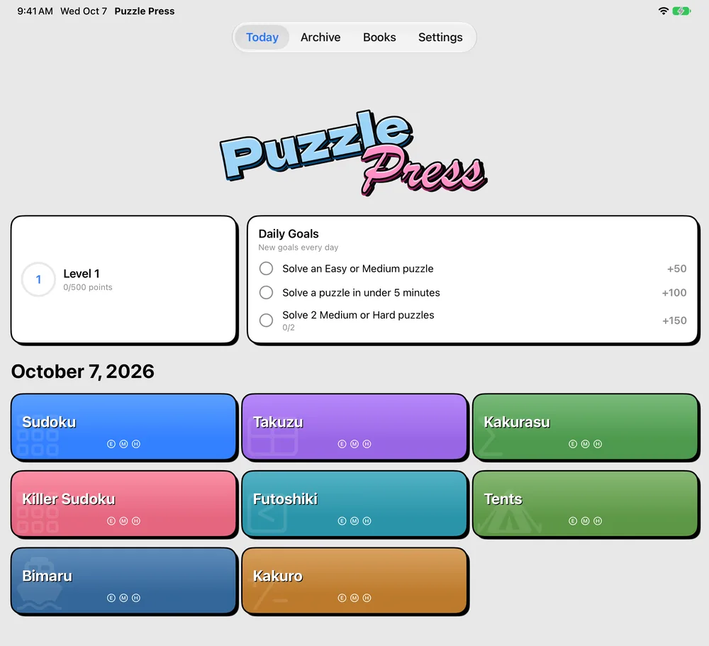 Puzzle Press on iPad, showing your level, daily goals and today's eight puzzles