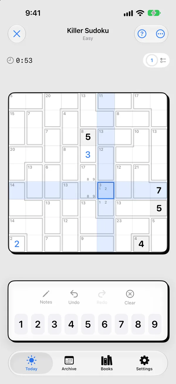 A Killer Sudoku puzzle with cage sums and pencil marks