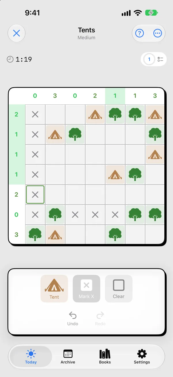 A Tents puzzle with trees, placed tents and crossed-out cells