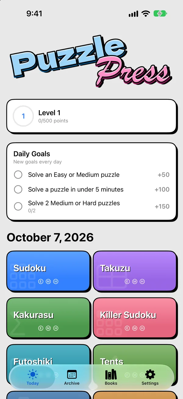 The Today screen showing your level, daily goals and today's eight puzzles